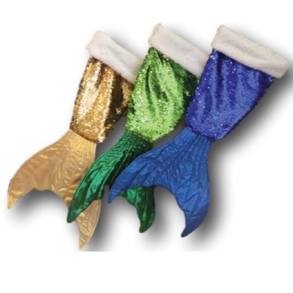 Mermaid Tail Sequin Christmas Holiday Stocking in Gold, Green & Blue - Picture 1 of 2